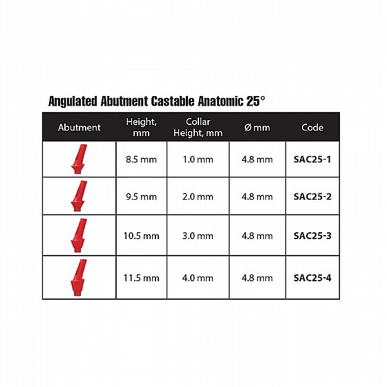 ���� ������ ������ ������ 25� ������ 1-4 �"� ����� 2.42 �"� DSI CASTABLE ANGULATED ANATOMIC ABUTMENT
